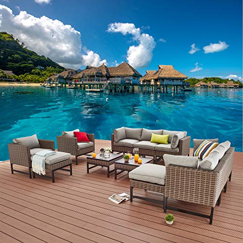 Festival Depot 12 Pieces Patio Conversation Set Outdoor Furniture Combination Sectional Corner Sofa Loveseat All-Weather Wicker Metal Chairs with Seating Back Cushions Side Coffee Table Ottoman,Gray
