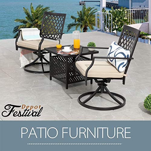 Festival Depot Outdoor Furniture 3 Piece Patio Dining Set of 2 Swivel Chairs with Cushions and 1 Metal Bistro Side Table with Umbrella Hole for Deck Porch Yard, Beige