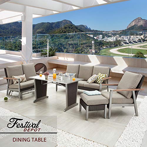 Festival Depot Patio Dining Table Rectangle Wicker Table in Metal Frame with Woven Rattan Outdoor Furniture for Deck Garden Poolside