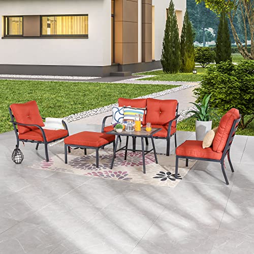 Festival Depot 6 Pcs Patio Conversation Set Sectional Sofa Chair Outdoor Furniture All-Weather Bistro Set with Armchair Left-arm&Right-arm Armless Chair Ottoman Side Table for Garden Porch Deck (Red)
