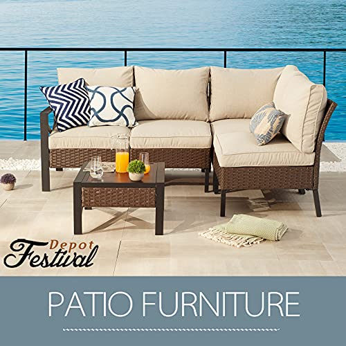 Festival Depot 1 Pieces Outdoor Patio Non-Armrest Chair Armless Sofa with Couch Cushions and Metal Frame Wicker Rattan Furniture for Garden Backyard Poolside Deck