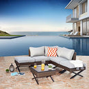 Festival Depot 6pcs Outdoor Furniture Patio Conversation Set Sectional Corner Sofa Chairs with X Shaped Metal Leg All Weather Brown Rattan Wicker Ottoman Side Coffee Table with Grey Seat Back Cushions