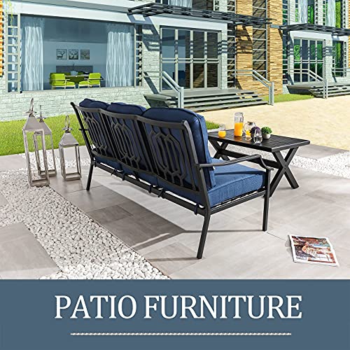 Festival Depot 2 Pcs Metal Furniture Outdoor Loveseat Patio Sofa with Coffee Table 3-Seating Outside Couch with Cushions for Deck Porch Backyard