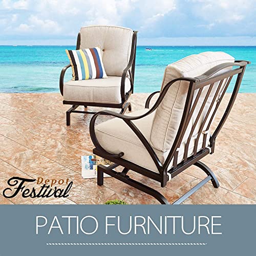 Festival Depot 1 Patio Sofa Chair with Thick Cushions Metal Frame Outdoor Furniture for Bistro Deck Garden (Beige)
