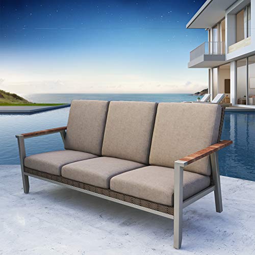 Festival Depot 3 Seats Patio Chair Rattan Wicker Bench in Metal Frame Sofa with Removable Cushions Outdoor Furniture for Lawn Garden Backyard, Dark Grey