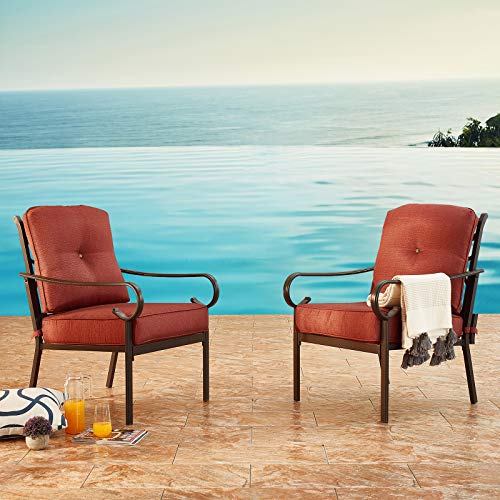Festival Depot 2-Pcs Dining Outdoor Patio Bistro Furniture Armchairs Premium Fabric Comfort & Soft 5.9" Cushions with Metal Slatted Steel Frame Leg for Garden All-Weather 33(L)*25.4"(W)*35.2"(H), Red