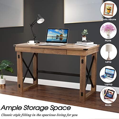 Festival Depot 47.5" Writing Computer Desk Large Home Office Desk in Industrial Style with Pull-Out Keyboard Tray Black Metal and Wood Appearance Laptop Table for Game Study