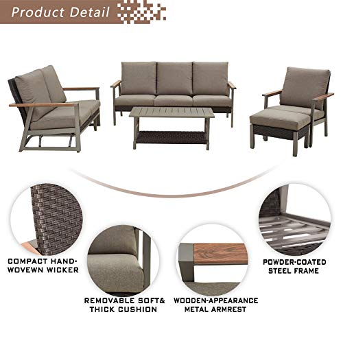Festival Depot 5pcs Patio Conversation Set Wicker Chair All Weather Rattan Glider Loveseat Ottoman 3-Seater Sofa with Grey Thick Cushion and Coffee Table in Metal Frame Outdoor Furniture