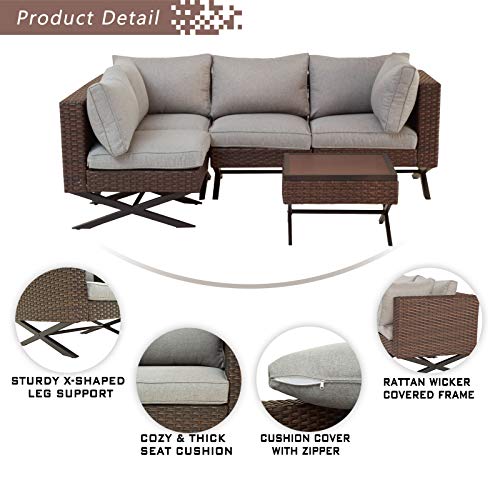 Festival Depot 5pcs Outdoor Furniture Patio Conversation Set Sectional Corner Sofa Chairs with X Shaped Metal Leg All Weather Brown Rattan Wicker Side Coffee Table with Grey Thick Seat Back Cushions