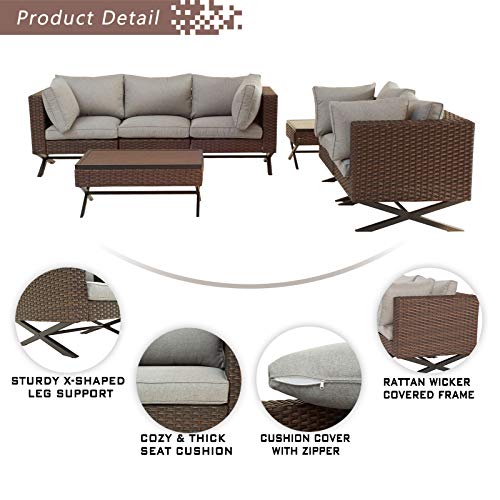 Festival Depot 7pcs Outdoor Furniture Patio Conversation Set Sectional Corner Sofa Chairs with X Shaped Metal Leg All Weather Brown Rattan Wicker Side Coffee Table with Grey Seat Back Cushions