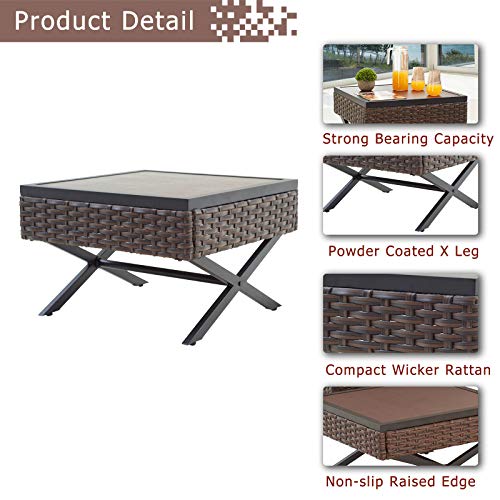 Festival Depot 6-Piece Bistro Outdoor Patio Furniture Conversation Set Wicker Rattan Corner ArmChairs Ottoman with 3.1" Cushion Square Wood Grain Top Side Coffee Table with X Shaped Slatted Steel Legs