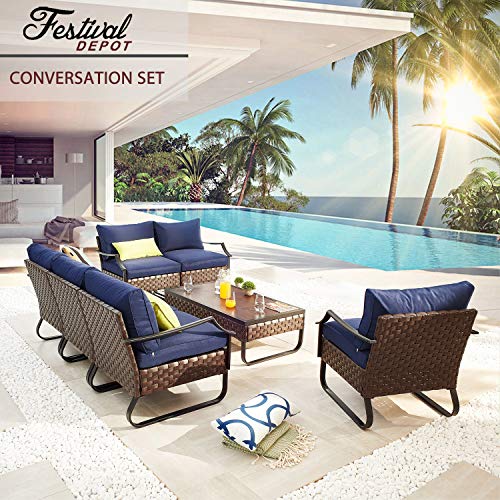 Festival Depot 7 Pieces Patio Conversation Sets Loveseat Outdoor Furniture Sectional Sofa with All-Weather PE Rattan Wicker Back Armchair, Coffee Table and Soft Removable Couch Cushions (Blue)