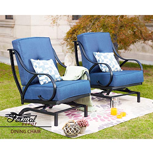 Festival Depot 2 of Outdoor Dining Patio Armrest Furniture Garden Bistro Seating Chairs with 5.9''Blue Deeping Thick & Soft Cushions Premium Fabric Metal Frame Curved Armrest All Weather,Blue