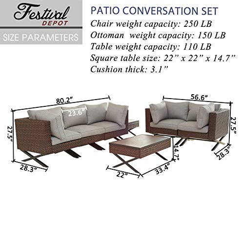 Festival Depot 7pcs Outdoor Furniture Patio Conversation Set Sectional Corner Sofa Chairs with X Shaped Metal Leg All Weather Brown Rattan Wicker Side Coffee Table with Grey Seat Back Cushions