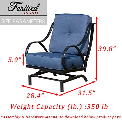 Festival Depot 2 of Outdoor Dining Patio Armrest Furniture Garden Bistro Seating Chairs with 5.9''Blue Deeping Thick & Soft Cushions Premium Fabric Metal Frame Curved Armrest All Weather,Blue
