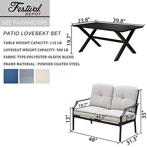 Festival Depot 2 pc Conversation Set Outdoor Patio Loveseat with Seat and Back Thick Cushions and Coffee Table Metal Furniture for Garden Bistro