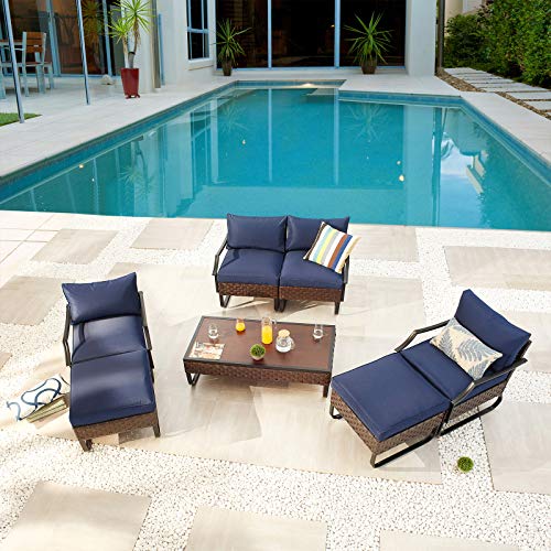 Festival Depot 7 Pieces Patio Conversation Sets Outdoor Furniture Sectional Sofa with All-Weather PE Rattan Wicker Back Chair, Coffee Table and Thick Soft Removable Couch Cushions(Blue)
