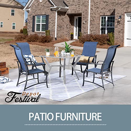 Festival Depot 5 Pieces Patio Dining Set of 4 Armrest Chair with Textilene Fabric and 1 Square Table with 2.16" Umbrella Hole Outdoor Furniture w/Metal Frame for Backyard Deck Garden, Blue