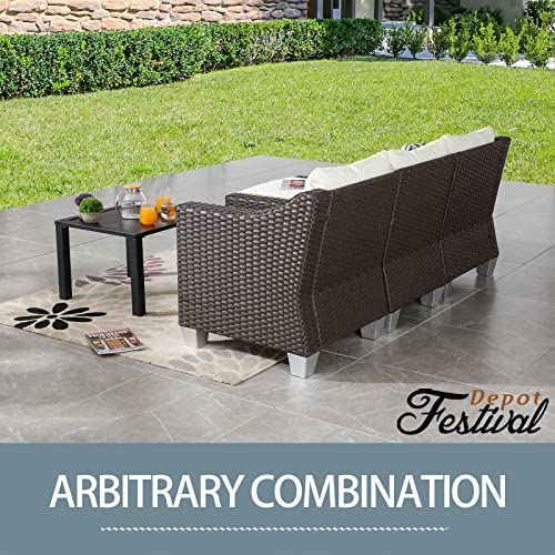 Festival Depot 5 Pcs Patio Conversation Set Outdoor Furniture Combination Sectional Sofa All-Weather PE Wicker Metal Armchairs with Seating Back Cushions Side Coffee Table Ottoman (Beige)