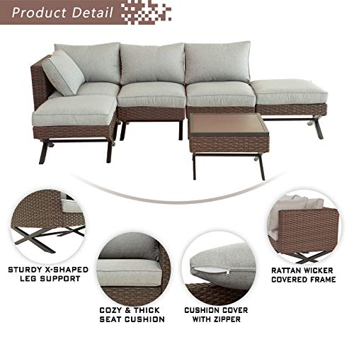 Festival Depot 6pcs Outdoor Furniture Patio Conversation Set Sectional Corner Sofa Chairs with X Shaped Metal Leg All Weather Brown Rattan Wicker Ottoman Side Coffee Table with Grey Seat Back Cushions