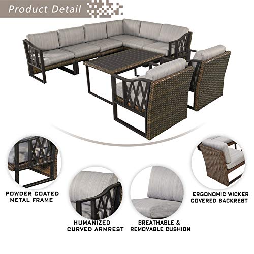 Festival Depot 9pcs Outdoor Furniture Patio Conversation Set Sectional Sofa Chairs All Weather Brown Rattan Wicker Slatted Coffee Table with Grey Thick Seat Back Cushions, Black