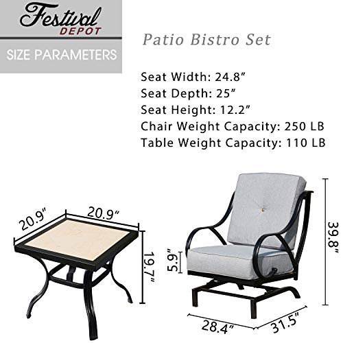 Festival Depot 3-Piece Outdoor Patio Dining Chairs Set Garden Bistro Square Metal Table and Seating Set with Thick Cushions