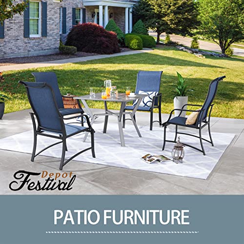 Festival Depot 5 Pieces Patio Dining Set of 4 Armrest Chair with Textilene Fabric and 1 Square Table with 2.16" Umbrella Hole Outdoor Furniture w/Metal Frame for Backyard Deck Garden, Blue