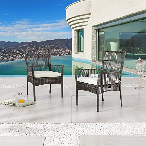 Festival Depot 2 Pcs Patio Willow Dining Chairs, All-Weather Wicker Rattan Outdoor Furniture with Metal Frame Soft Cushion for Garden Pool Backyard Lawn (Beige)