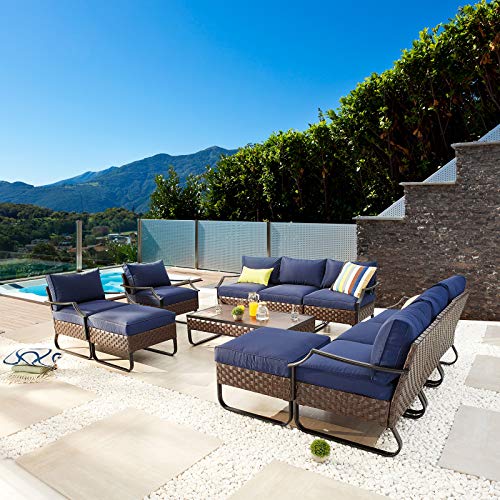 Festival Depot 11 Pcs Patio Conversation Sets Outdoor Furniture Sectional Sofa with All-Weather PE Rattan Wicker Chair,Loveseat Coffee Table and Thick Soft Removable Couch Cushions(Blue)