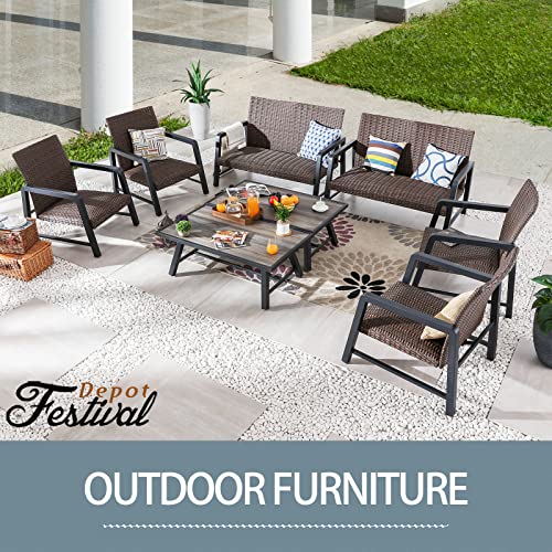 Festival Depot 8Pcs Patio Conversation Set, PE Wicker Bistro Set, All-Weather Outdoor Furniture, with 2 Loveseat 4 Armchair and 2 DPC Coffee Table for Backyard Porch Lawn Deck Garden