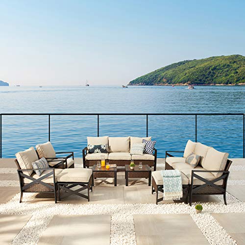 Festival Depot 12 Pcs Patio Outdoor Furniture Conversation Set Sectional Sofa with All-Weather Brown PE Rattan Wicker Back Chair, Ottoman, Coffee Table and Soft Thick Removable Couch Cushions