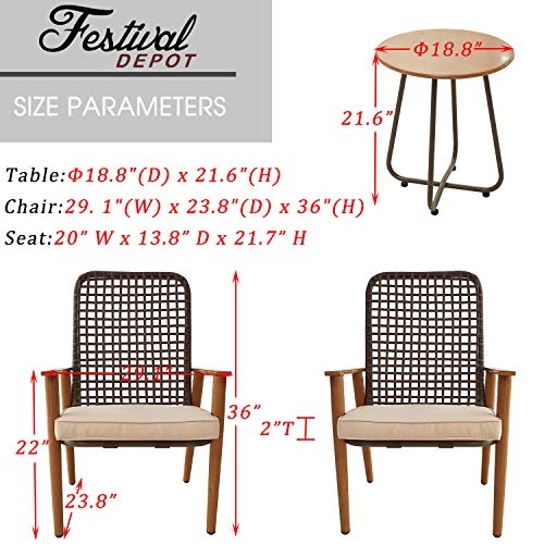 Festival Depot 3 Pieces Patio Outdoor Bistro Set Wooden-Color Armchairs with Cushions Metal Iron Side Table Cafe