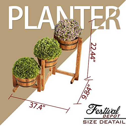 Festival Depot Patio Outdoor Planter Rustic Tri-Tier Wooden Flower Pot Shelf with Buckets Garden Decorative Barrel Stand for FD15113 FD15113