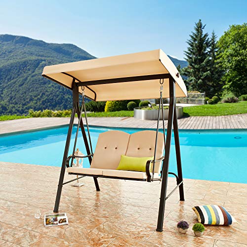 Festival Depot 2-Seats Outdoor Patio Swing Glider Chair with Adjustable Convertible Canopy Hanging Furniture, Removable Thick Cushions, Weather Resistant Steel Frame for Balcony Poolside Deck (Khaki)