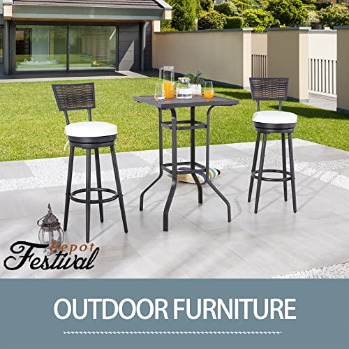 Festival Depot 3 Pcs Patio Bar Set Bistro Height Set, 360å¡ Woven Wicke Swivel Chairs and Bar Height Table with DPC Desktop Wood Grain Desktop Outdoor Furniture for Garden Poolside Deck Porch (Beige)