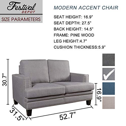 Festival Depot 1 Piece Indoor Modern Fabric Furniture Accent Arm Sofa Loveseat for Living Room Bedroom with Thick Cushion and Deep Seat, 52.7" x 31.5" x 35"