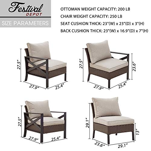 Festival Depot 10 Pcs Patio Outdoor Furniture Conversation Set Sectional Corner Sofa with All-Weather Brown PE Rattan Wicker Chair, Ottoman, Coffee Side Table and Thick Removable Couch Cushions