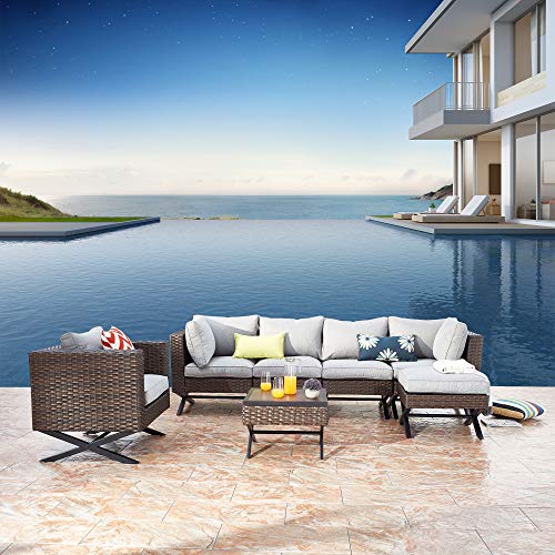 Festival Depot 7pcs Outdoor Furniture Patio Conversation Set Sectional Corner Sofa Chairs with X Shaped Metal Leg All Weather Brown Rattan Wicker Ottoman Side Coffee Table with Grey Seat Back Cushions