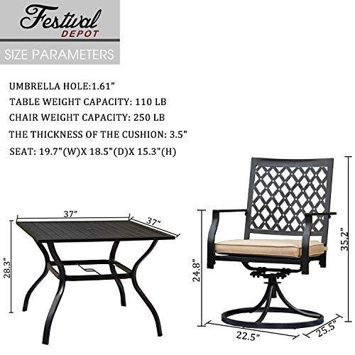 Festival Depot Patio Dining Set 5-Piece Outdoor Metal Furniture Set, 4 Swivel Chairs and 1 Square Dining Table with 1.61" Umbrella Hole for Porch Lawn Garden Balcony Pool Backyard, Black