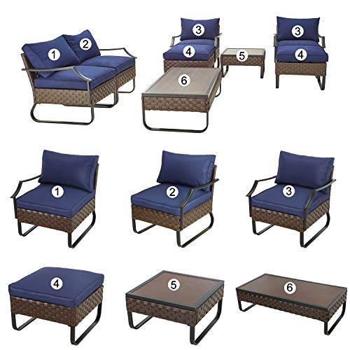 Festival Depot 8 Pcs Patio Conversation Sets Outdoor Furniture Sectional Sofa with All-Weather PE Rattan Wicker Chair Loveseat Coffee Table and Thick Soft Removable Couch Cushions(Blue)