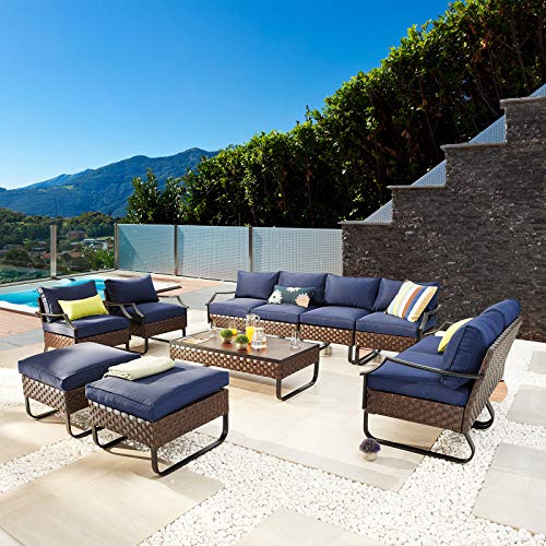 Festival Depot 11 Pcs Patio Outdoor Furniture Conversation Sets Sectional Sofa with All-Weather PE Rattan Wicker Chair, Loveseat Coffee Table and Soft Removable Couch Cushions (Blue)