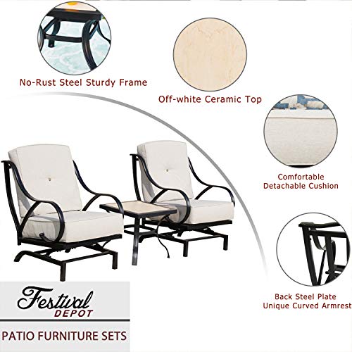 Festival Depot 3-Piece Bistro Outdoor Patio Furniture Sets Square Metal Ceramic Top Coffee Table Slatted Steel Frame Armrest Chairs with Curved Armrest with 5.9''Thick Soft Cushions Garden Porch,White