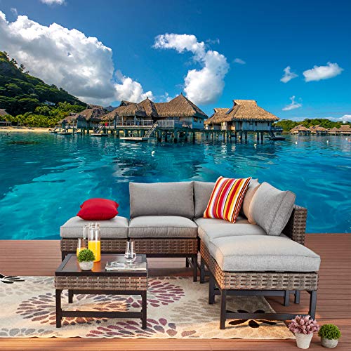 Festival Depot 6 Pieces Patio Outdoor Furniture Conversation Set Sectional Corner Sofa with Wicker Chairs, Ottomans,Coffee Side Table and Seating Thick Soft Cushion (Gray)