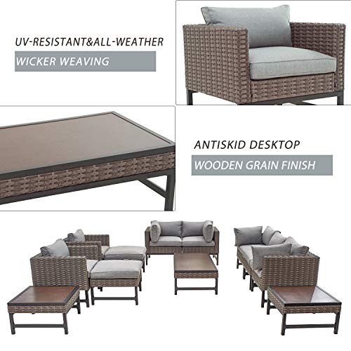 Festival Depot 12 Pieces Patio Conversation Set Outdoor Furniture Combination Sectional Corner Sofa All-Weather Woven Wicker Metal Armchairs with Seating Back Cushions Side Coffee Table Ottoman,Gray