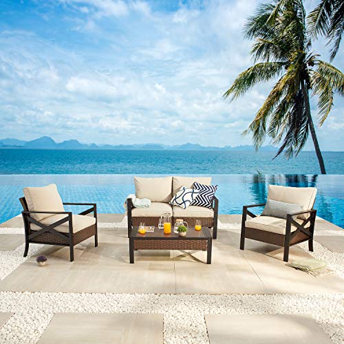 Festival Depot 5 Piece Patio Outdoor Furniture Conversation Set Wicker Rattan Armchair Coffee Table X Shaped Slatted Steel Frame Leg for Porch Lawn Garden Balcony Pool Backyard