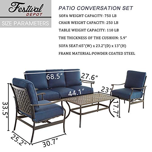 Festival Depot 4 Pcs Conversation Sets 5 Seats Patio Outdoor Arm Chairs Loveseat Set with Coffee Table Fabric Metal Frame Furniture Garden Bistro Seating Thick Soft Cushion,