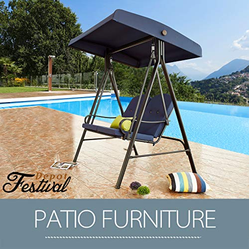 Festival Depot 2-Seats Outdoor Patio Swing Glider Chair with Adjustable Convertible Canopy Hanging Furniture, Removable Thick Cushions, Weather Resistant Steel Frame for Balcony Poolside Deck (Blue)