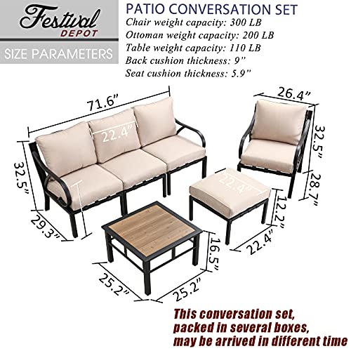 Festival Depot 6pcs Patio Conversation Set Sectional Metal Chairs Ottoman with Cushions and Coffee Table All Weather Outdoor Furniture for Garden Backyard, Beige