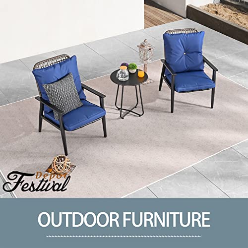 Festival Depot 3 Pcs Patio Bistro Set PE Wicker Conversation Set, Outdoor Furniture Armchairs with Cushions Metal Side Coffee Table for Backyard Porch Balcony Outside Poolside Lawn (Blue)