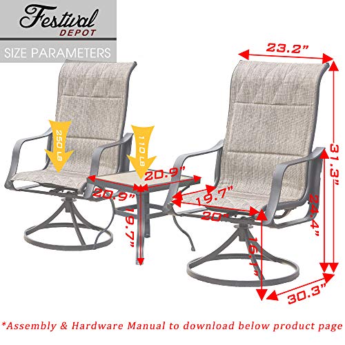 Festival Depot 3 PC Bistro Outdoor Patio Dining 360¡Swivel Chairs Set Furniture Rockers Armrest Chair Square Metal Steel Frame Coffee Table for Deck Garden Pool